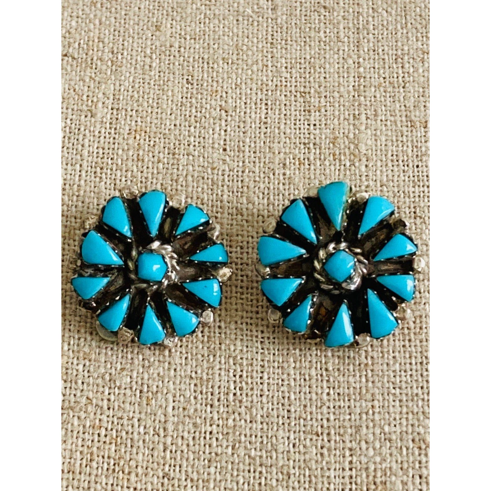 Vintage Sterling Silver Zuni Turquoise Clip On Earrings